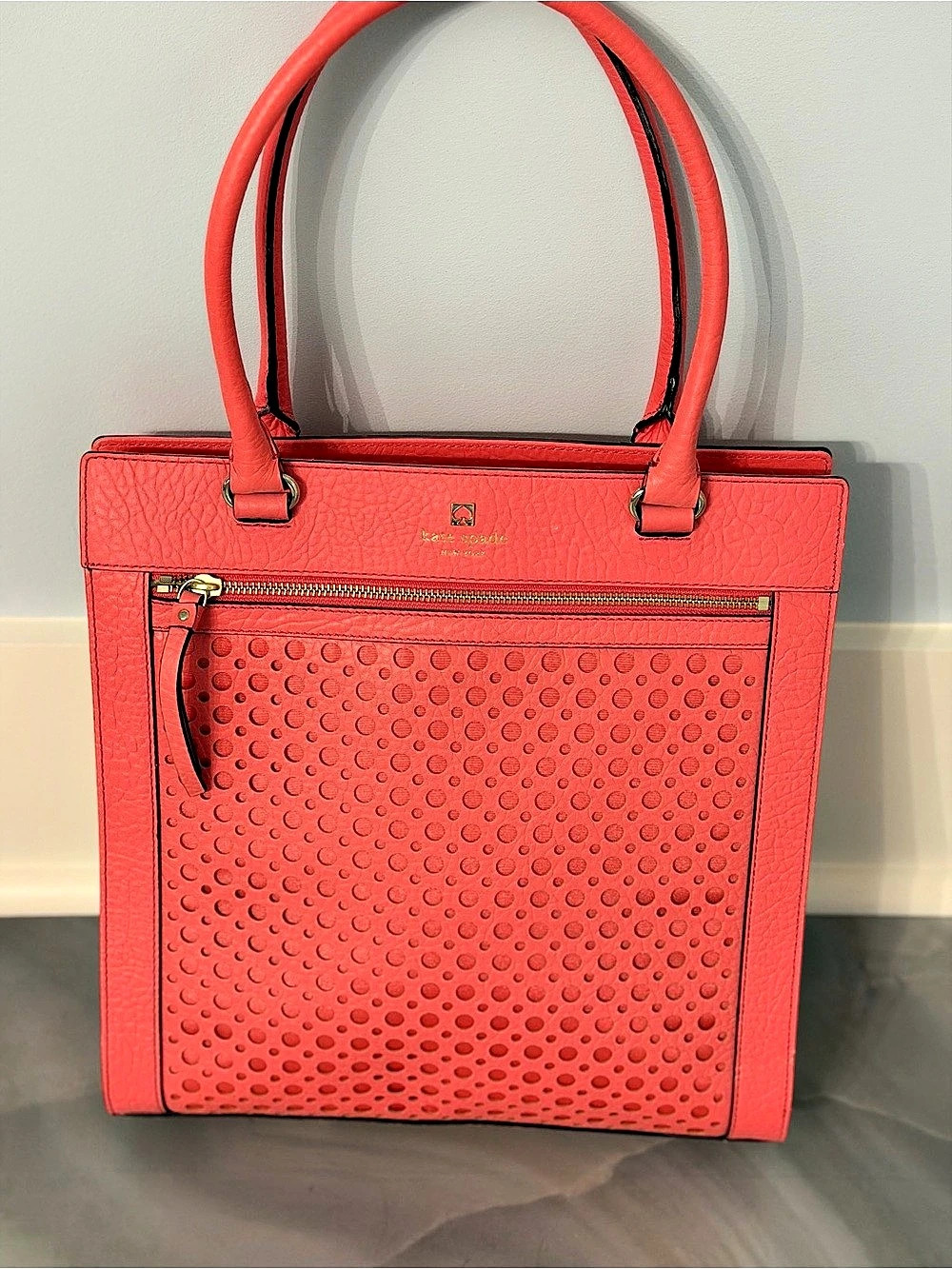 Kate Spade Perri Lane Bubbles Lynne Coral Pink Perforated Leather Tote